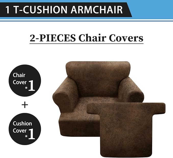 2-Pieces T Cushion Armchair Slipcovers Leather Look Couch Cover Chair Covers Stretch Furniture Protector Sofa Cover with 1 Individual T Cushion Seat Cover Slipcover Sets Washable, Brown