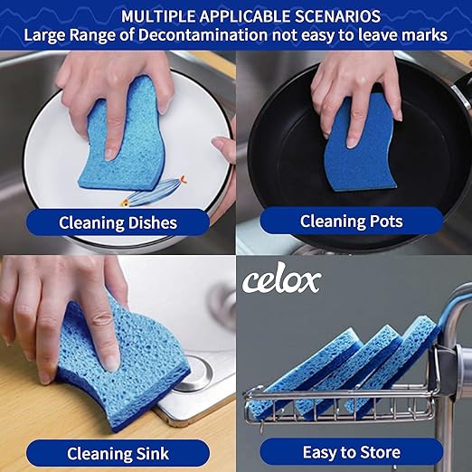 CELOX 12 Pack Dish Sponge for Kitchen, Dual Sided Scrub Heavy Duty and Heavy Duty Scrub Brush with Handle, Comfort Grip Shower Scrubber for Cleaning Bathroom, Shower, Sink, Floor - Bule