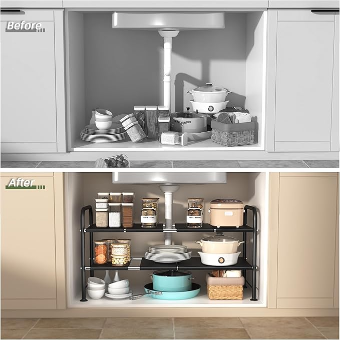 Under Sink Organizers and Storage — 2-Tier Bathroom Sink Cabinet Organizer with 8 Removable Carbon Steel Panels, Height Adjustable, (27.36–36.02)" W × 12.28" D × 16.93" H