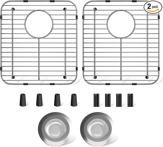 2Pack Sink Protectors for Kitchen Sink 13.1''x11.6''x1'', 304 Stainless Steel for Kitchen Sink Grate with Rear Drain, Sink Grate Sink Rack for Bottom of Sink with 2Pack Sink Strainers