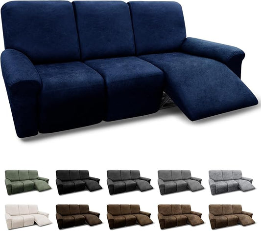 Couch Cover 8-Pieces Sofa Covers Washable Recliner Sofa Covers 3 Seater Leather Look Recliner Slipcovers with Pockets Spandex Fabric Furniture Covers(Recliner Sofa, Navy)
