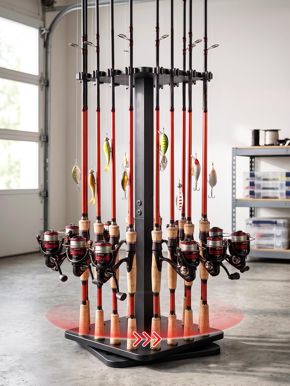 Rotating Fishing Rod Holder for Garage,Wood Floor Pole Rack Black - Image 1