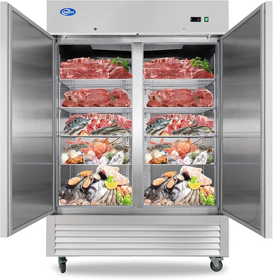 54"W 2 Door Commercial Freezer, 49 Cu.ft Stainless Steel Reach-in Upright Fan Cooling Freezer for Restaurant Bar Shop, etc