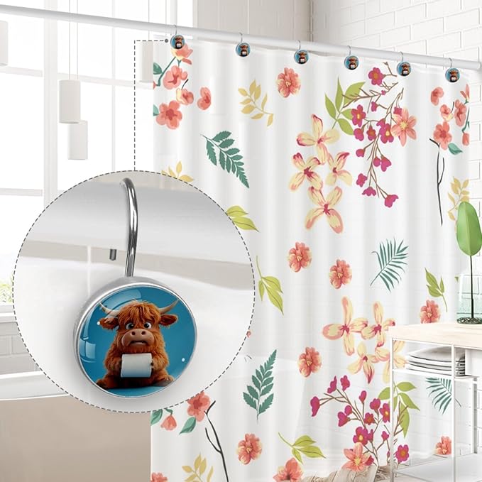 Funny Highland Calf Shower Curtain Hooks Rings, Stainless Steel Rust Proof Shower Curtain Hooks, Decorative Shower Hooks for Bathroom Shower Rods Curtains, Set of 12