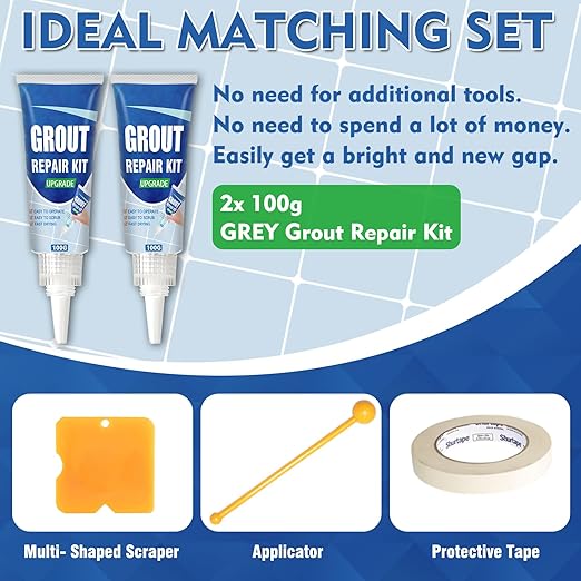 Tile Grout Repair Kit, 2 Pack Fast Drying Grout Filler for Bathroom, Kitchen, Shower, Versatile Triple Use with Grout Sealer, Replace Grout Pen for Restore and Renew Tile Joints Line (Grey)
