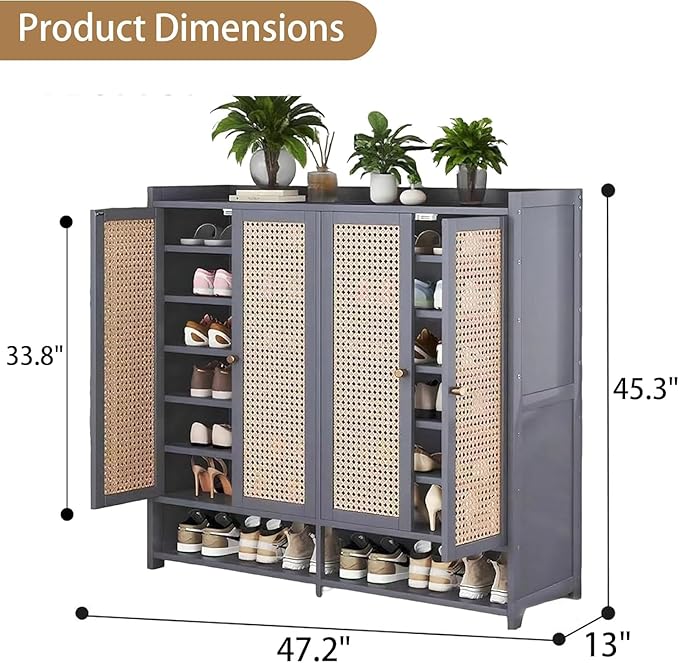 Bamboo Shoe Cabinet, 36-40 Pairs 8 Tier Shoe Rack with Doors, Freestangding Shoe Cabinet Organizer with Shelves, 43" Tall Shoe Rack Organizer for Entryway, Closet, Hallway