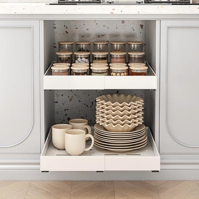 Expandable Pull Out Cabinet Organizer, 21" Deep Expandable (12.6" - 20.5") 3 Heavy Duty Slide Drawers Pull Out Drawers for Kitchen Storage Cabinet (White)