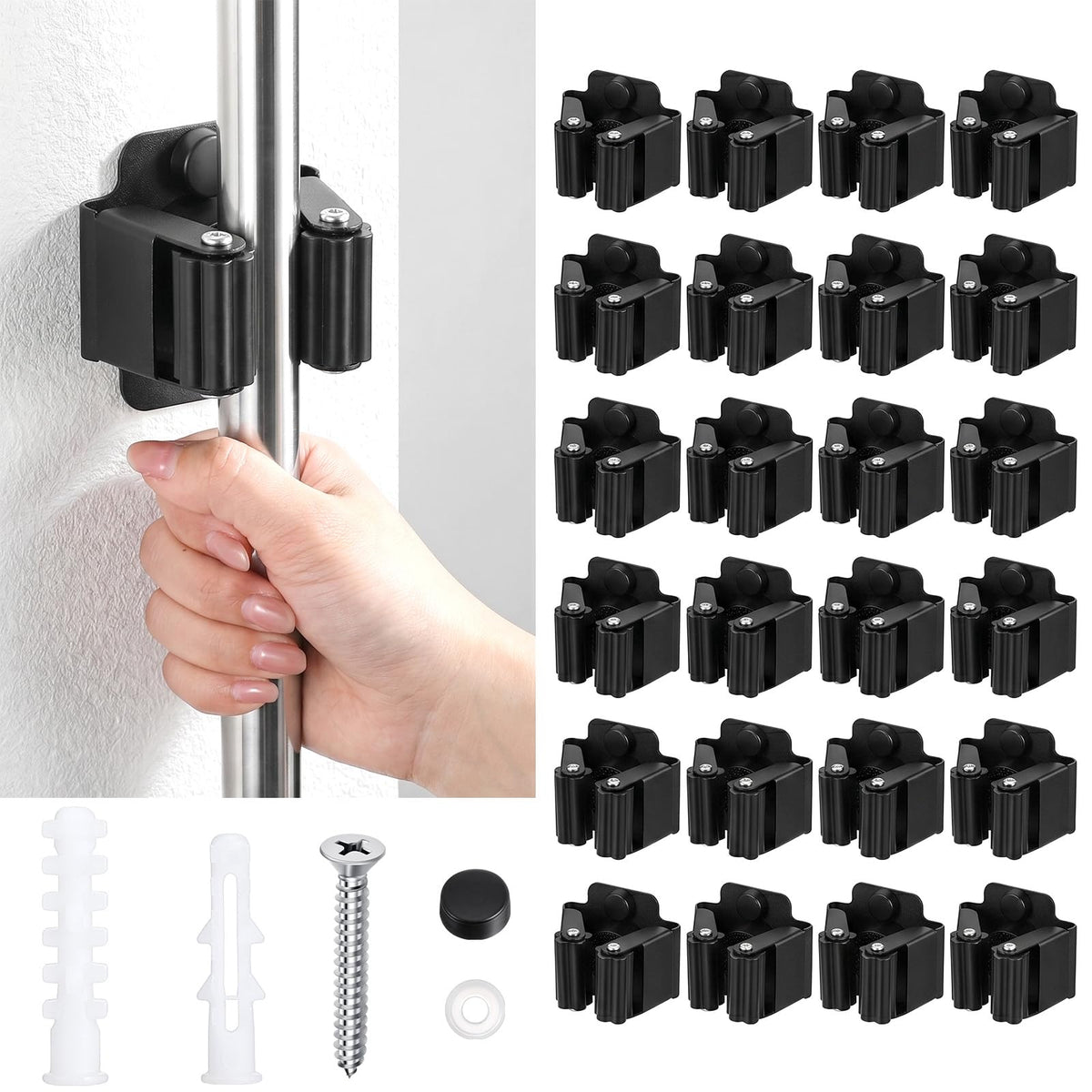 24Pcs Mop and Broom Holder Wall Mount with Screws Matte Black - Image 1