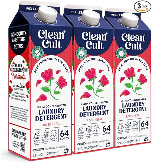 Cleancult Ultra Concentrated Liquid Laundry Detergent, 192 loads (96 oz), Long Lasting Scent, 90% Less Plastic, No Harsh Chemicals, Rose Petal, Defeats Stains & Odors, HE/Standard Compatible