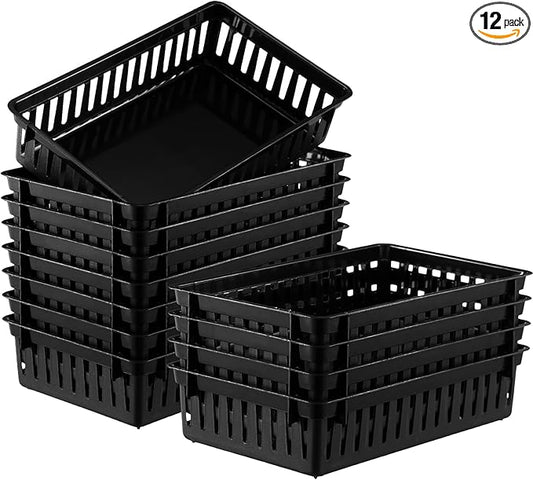 Wenqik Set of 12 Small Plastic Baskets for Organizing 10.24 x 6.5 x 2.36 Inch Pharmacy Baskets Rectangular Trays Plastic Organizer for Office Pharmacy Dorm Kitchens, Closets Shelves(Black)