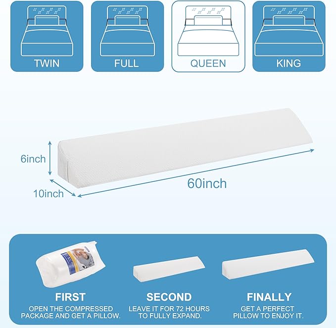 HABUTWAY Queen Size Bed Wedge Pillow for Headboard, Bed Gap Filler(0-8"), Memory Foam Mattress Wedge Pillow Triangle Bloster for Sleeping, Close The Gap Between Headboard and Mattress Space Filler