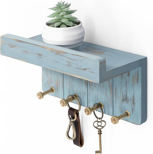 Rebee Vision Small Key Holder Wall Mount for Farmhouse Decor - Key and Mail Holder for Wall with Shelf and 4 Key Hooks - Room Decor Aesthetic (Distressed Blue)