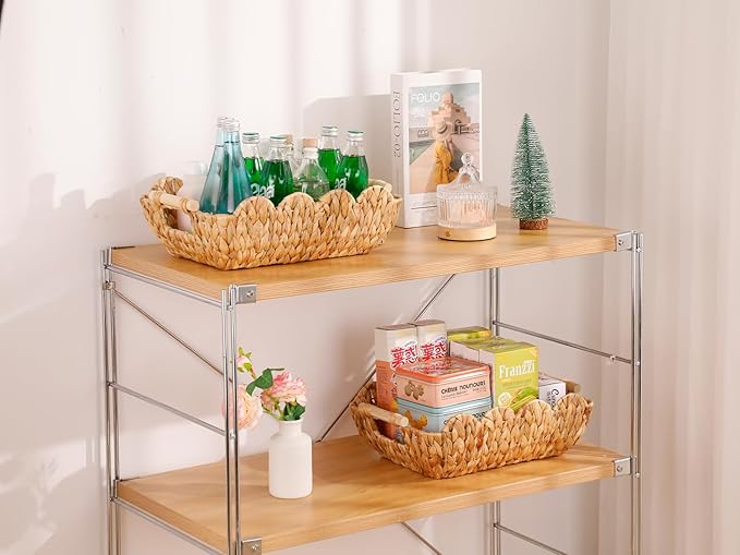 Small Wicker Basket 2 Pack,Scalloped Basket for Organizing and Decor,Natural Water Hyacinth Storage Baskets with Wooden Handles for Gifts,Snack,Shelves