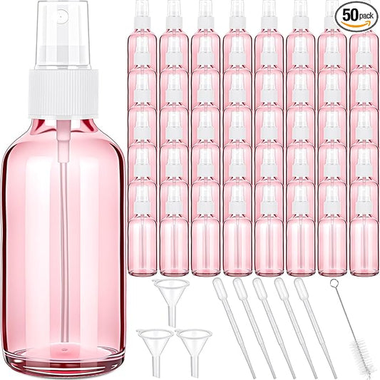 Nuogo 50 Pieces Mini Glass Spray Bottles Bulk 4 Oz Fine Mist Bottles with Funnel Dropper and Cleaning Brush Refillable for Essential Oils, Perfumes and Aromatherapy (Pink)