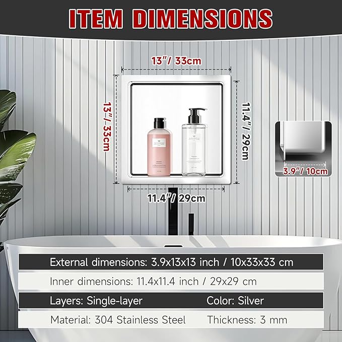 No Tile Needed Shower Niche 13"X 13", Bathroom Wall Niche Single Shelf, Stainless Steel Shower Niche for Bathroom, Kitchens, Balconies