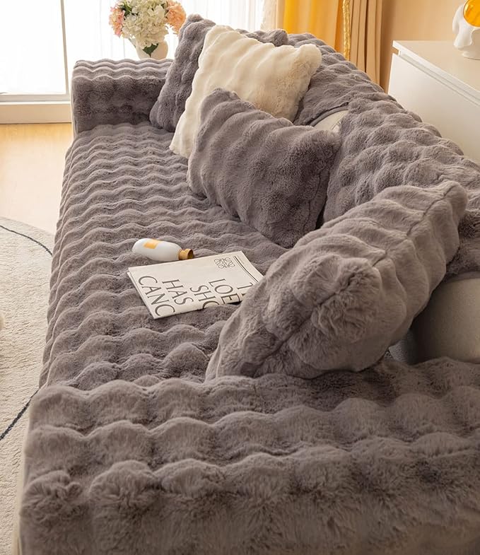 Soft Warm Faux Fur Couch Sofa Cover Thick Shaggy Fuzzy Sectional Couch Cover Non-Slip Solid Color Plush Sofa Slipcover Furniture Protector for Pets, Kids (Dark Grey,36"x82")