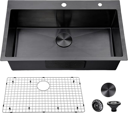 30 inch Drop in Black Kitchen Sink, Single Bowl Stainless Steel Handmade Topmount Kitchen Sinks with Dish Grid and Drain