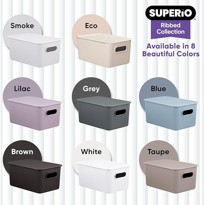Decorative Plastic Basket Lidded Home Storage Bins Organizer, Medium Lilac Purple (1 Pack - 5 Liter) Stackable Container Box, for Organizing Closet Storage Bins for Shelves - Ribbed Collection