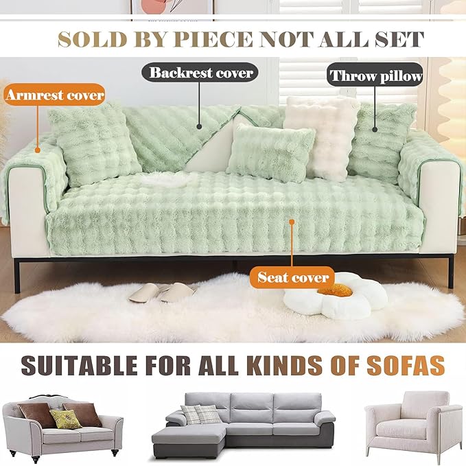 Soft Warm Faux Fur Couch Sofa Cover Thick Shaggy Fuzzy Sectional Couch Cover Non-Slip Solid Color Plush Sofa Slipcover Furniture Protector for Kids, Pets (Light Green,36"x70")