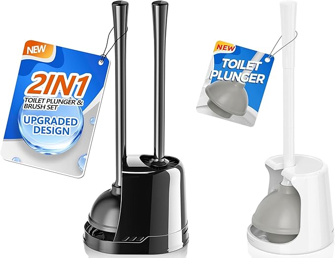Toilet Plunger and Brush, Bowl Brush and Heavy Duty Toilet Plunger Set with Ventilated Holder, 2-in-1 Toilet Brush and Plunger Combo for 5.3-inch Toilet Drain Bathroom Cleaning (Black)