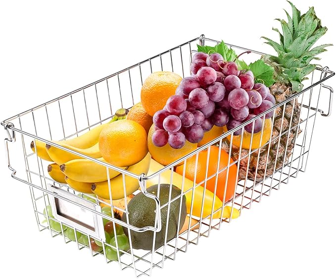 Orgneas Stackable Chest Freezer Baskets Organizer Bins, Metal Wire Baskets Pantry Organizer Vegetables and Fruits Baskets with Tag Slot for Potato Onion Storage