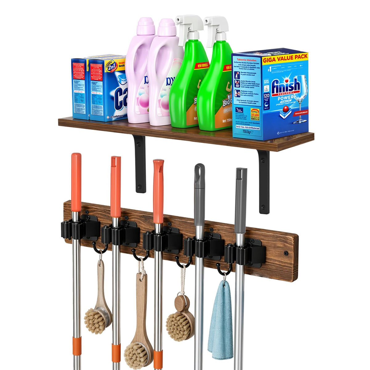 Broom Holder Wall Mount, Wooden Shelf, Rustic Wood Broom Hanger - Image 1