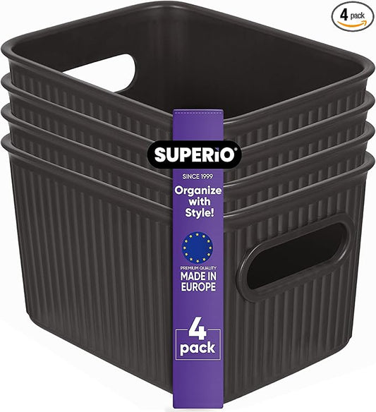 Superio Ribbed Collection - Decorative Plastic Basket Open Home Storage Bins Organizer, Small Brown (4 Pack) Container Boxes for Organizing Closet Storage Bins for Shelves Drawer Shelf 1.5 Liter