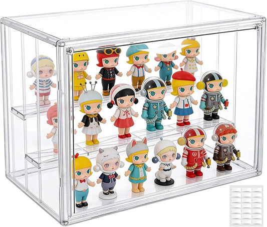 Clear Acrylic Display Case for Collectibles 3 Layer Adjustable Figure Display Box with 2 Movable Plates, Stackable Figurine Display Shelf with Magnetic Door for Action Figures, Funko (Large-1pcs)