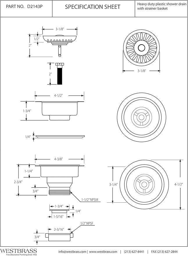 Westbrass Push-Pull Style Large Kitchen Sink Basket Strainer, Powder Coat White, D2143P-50 (Pack of 2)