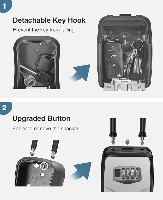 Puroma Large Key Lockbox with Hook, Resettable Combination Code Lock Box, Waterproof Security Wall Mount Lock Box with Shackle for Outdoor, Home, Door Handle Apartment Key Storage (2 Pack, Gray)