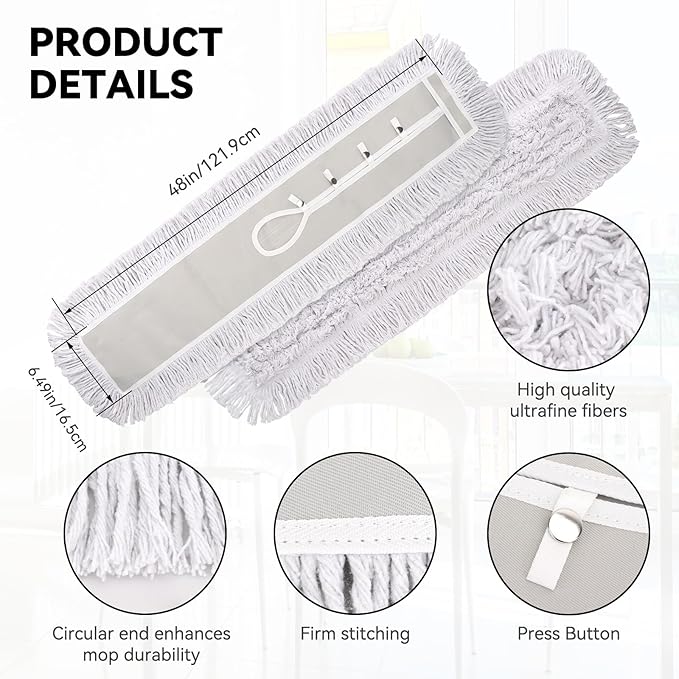 48 Inch Dust Mop Head: Replacement Medium Washable Commercial Mop Head Sweeper and Janitorial Replacement with Botton (White - 48 Inch, 3 Pack, Botton)