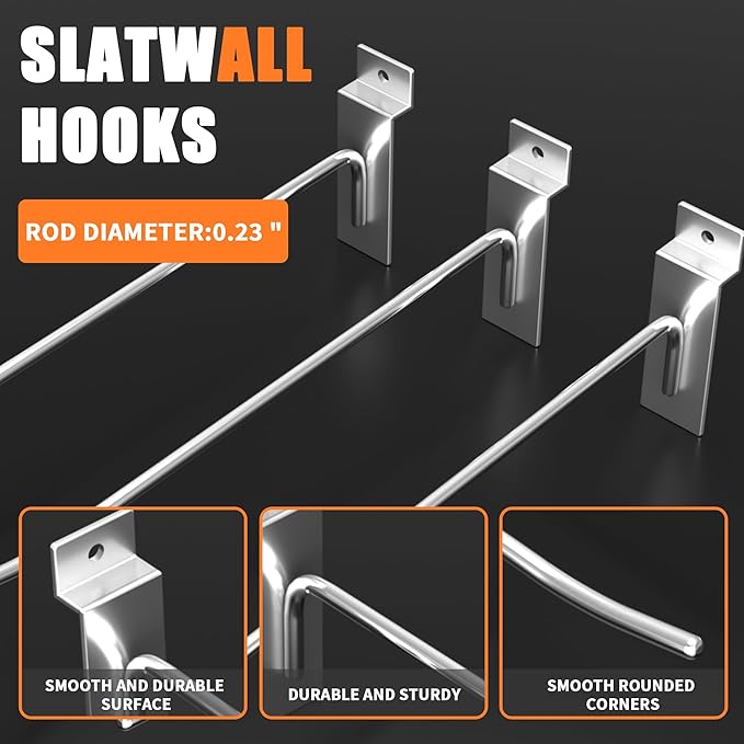 6”Slatwall Hooks,Silvery Slat Wall Display Hook, 25 PCS Slat Wall Panel Accessory Hooks