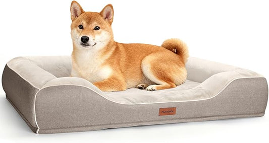Cooling Dog Beds for Large Dogs with Removable Faux Fur Washable Covers,Waterproof Orthopedic Pet Couch Bed with Cool Gel Memory Foam and Bolster Side for Senior Pets,36" x 27" x 6.5" Beige