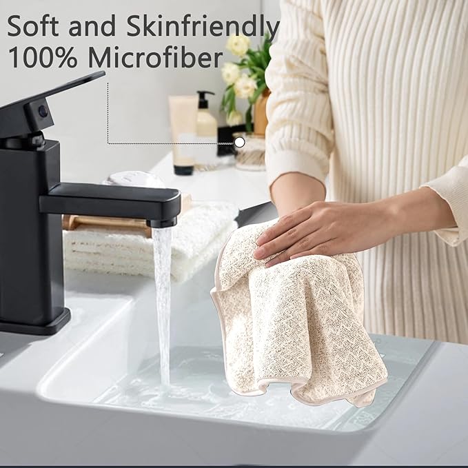 Ycosy 18 Piece Bath Towels Set,100% Microfiber Family Bathroom Towel with Hanging Loops-6 Bath Towels,6 Hand Towels,6 Washcloths,Quick Dry Highly Absorbent Shower Towel for Bathroom,Hotel,Spa-Beige
