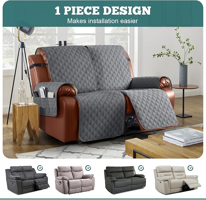 Ruaozz Waterproof Recliner Sofa Covers, 1-Piece Couch Covers for Reclining Couches Reclining Couch Cover Washable Furniture Protector with Elastic Straps Pocket for Kids Pets (Dark Grey, 2 Seater)