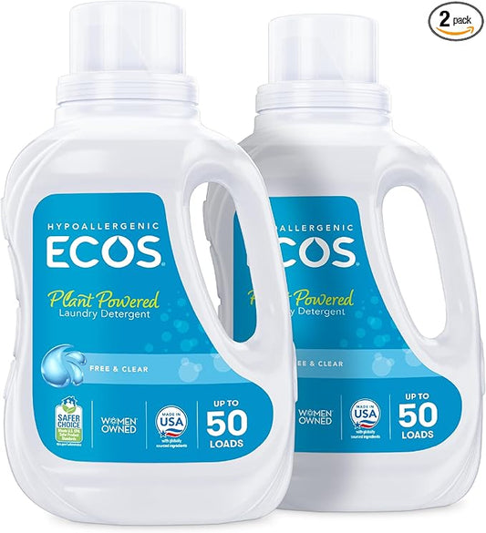 ECOS Laundry Detergent Liquid, 100 Loads - Dermatologist Tested Laundry Soap - Hypoallergenic, EPA Safer Choice Certified, Plant-Powered - Free & Clear, 50 Fl Oz (Pack of 2)