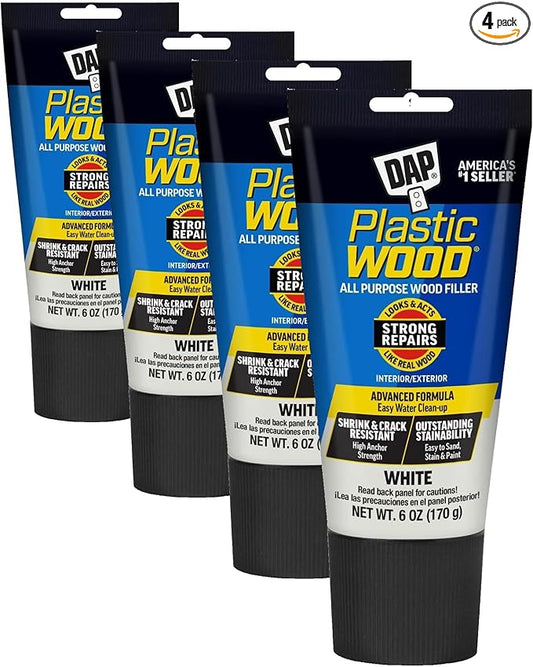 DAP Plastic Wood All Purpose Latex Wood Filler, White, 6 Oz - Packaging May Vary (Pack of 4)