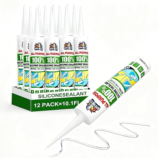 Silicone Caulk,10 fl oz Cartridge,12 Pack,Clear,100% Silicone Sealant Waterproof,Shrink & Crack Proof,Adhesive Sealant for Kitchen and Bathroom, Shower,Toilet, Sink, Window and Door