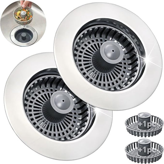 Kitchen Sink Stopper, 3 in 1 Pop Up Kitchen Sink Drain Strainer, with an Extra Basket Strainer, Sink Drain Stopper for US Standard 3-1/2 Inch, Brass Material Electroplate (Silver 2pcs)