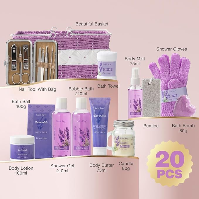20 Pcs Spa Gifts for Women, Lavender Bath and Body Gift Basket, Spa Gifts for Women Bath and Body Care Set, Relaxing Bath Sets for Mom, Spa Kit, Birthday, Christmas, Mother Day, Anniversary