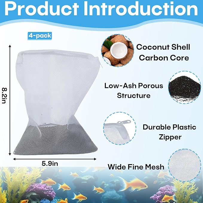 4-Pack Activated Carbon Inserts Replacement for AquaClear 70 Aquarium Filter（155-gram / Bags）,Carbon Media Fit for Fluval AquaClear up to 70 Gallons，Low-Ash Charcoal Fit Fish Tank Filter A1386，White