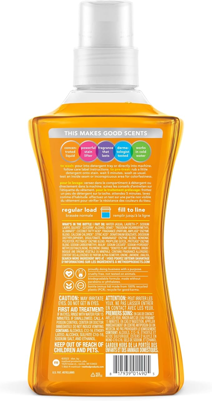 Method Liquid Laundry Detergent, Ginger Mango, 66 Loads Per Bottle, Hypoallergenic + Biodegradable Formula, Plant-Based Stain Remover, 53.5 Fl Oz (Pack of 2)