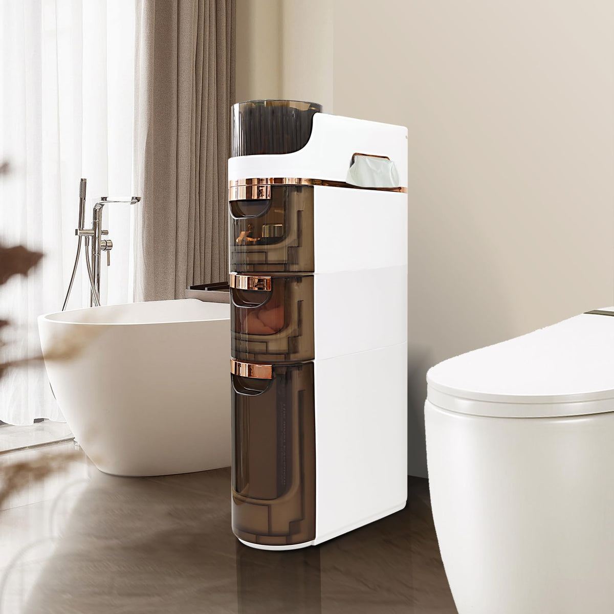 BGYMF 3-Tier Narrow Slim Bathroom Storage Cabinet,Movable,White - Image 1