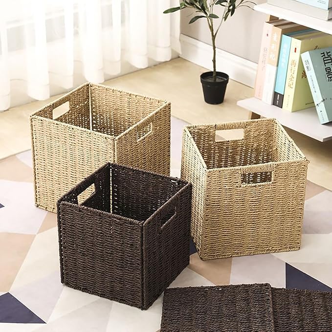 10.5x10.5'' Set of 5 Cube Storage Baskets, Natural Black Paper Rope Multipurpose Collapsible Organizers, Woven Laundry Totes for Laundry, Storage Cubes,Wicker Baskets Laundry Organizer Totes for Home