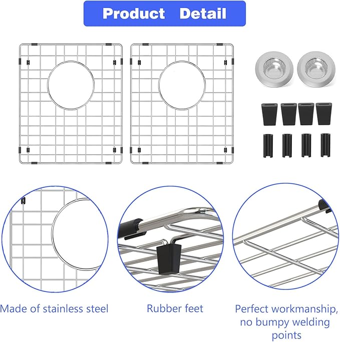 15"x13" Sink Grate for Bottom of Kitchen Sink, Stainless Steel Sink Protectors for Kitchen Sink with Rear Drain, Sink Rack for Bottom of Sink with Sink Strainers, for Right Angle Sink