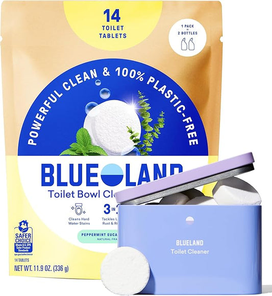 BLUELAND Toilet Bowl Cleaner Tablets, Starter Set, 14 Count with Tin, Peppermint Eucalyptus, Plastic-Free, No Harsh Chemicals, Plant-Based