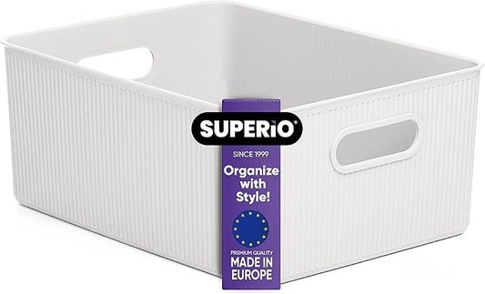 Superio Ribbed Collection - Decorative Plastic Basket Open Home Storage Bins Organizer, Large White (1 Pack) Container Boxes for Organizing Closet Storage Bins for Shelves 15 Liter/16 Quart