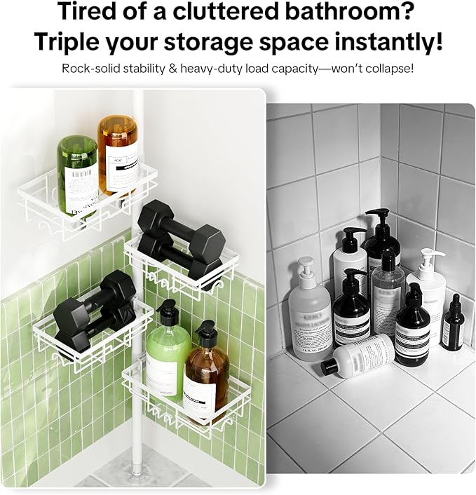 Shower Tension Rod Organizer, 6 Tier Rustproof Corner Shower Caddy Tension Pole with Soap Holder & Hooks, Adjustable 30-121 Inch Bathroom Shelf for Renters - Family Stand Storage Rack, White