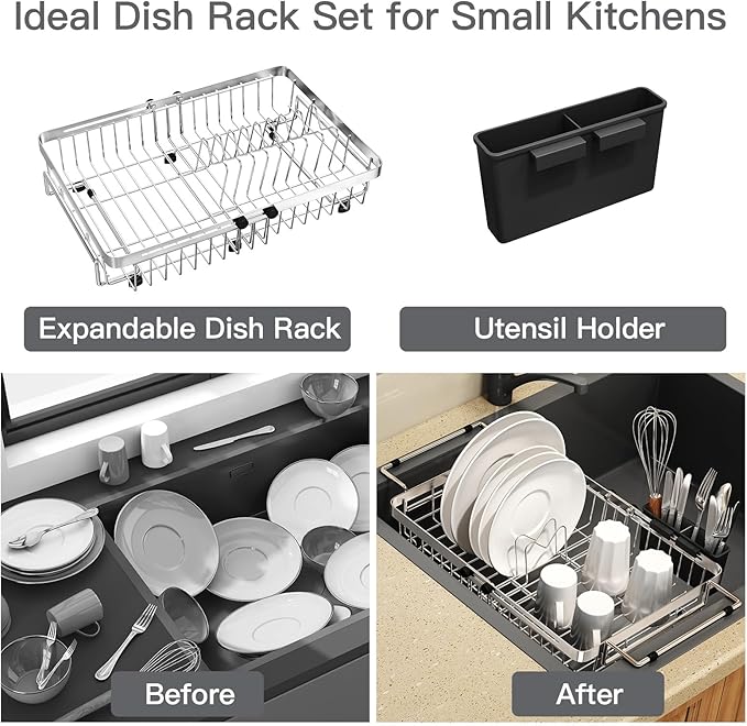 MAJALiS Small Expandable Over The Sink Dish Drying Rack Drainer In Stainless Steel Metal For Kitchen, Counter Space Saving Compact Plate Dryer Strainer Adjustable Hanging Inside Sink Wire Drain Holder