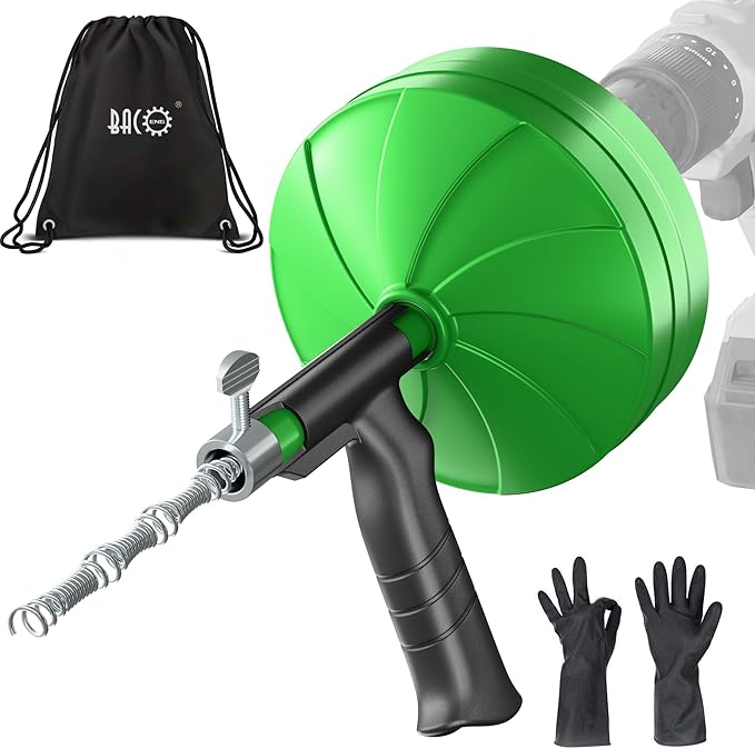 BACOENG 50Ft Drain Auger, Heavy Duty Plumbing Snake with Drill Adapter, Use Manually or Powered for Drain Clog, Shower Sink, Comes with Gloves and Bag (Green)